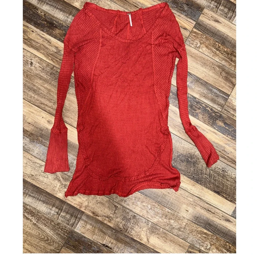 Free People Red Textured Long Sleeve Thermal Top Shirt Women S‎